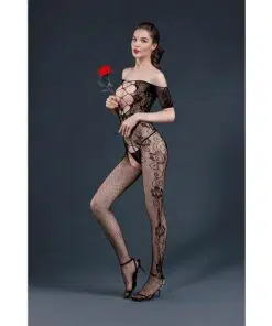 n11760 moonlight criss cross cut out crotchless floral bodystocking black os 1