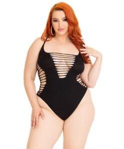 Leg Avenue Shredded Thong Bodysuit Black Plus Size