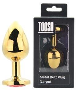 n12825 toosh gold metal butt plug large red stone pkg duo