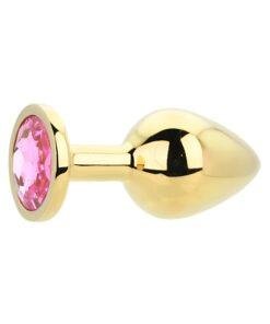 n12830 toosh gold metal butt plug medium pink stone 2