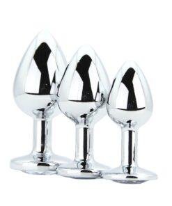 n12838 toosh metal butt plug silver set of 3 clear stone 1