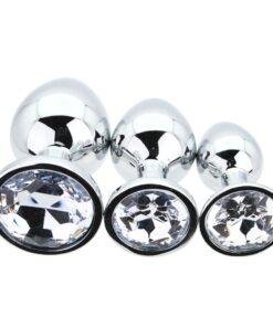 n12838 toosh metal butt plug silver set of 3 clear stone 2
