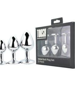n12838 toosh metal butt plug silver set of 3 clear stone pkg duo