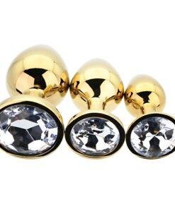 n12839 toosh metal butt plug gold set of 3 clear stone 2