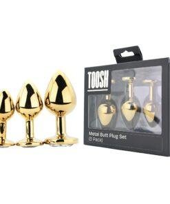 n12839 toosh metal butt plug gold set of 3 clear stone pkg duo
