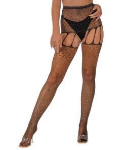 Lace by LJ Rhinestone Suspender Tights Black