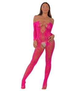 n12917 lace by lj lace up front crotchless bodystocking fushia 1