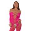 n12917 lace by lj lace up front crotchless bodystocking fushia