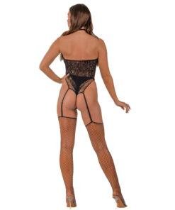 n12918 lace by lj floral lace and net halter suspender bodystocking black 3