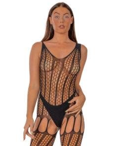 Lace by LJ Crochet Bodystocking with Lace Up Back Black