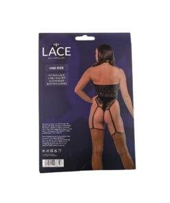 n12918 lace by lj floral lace and net halter suspender bodystocking black pkg bk