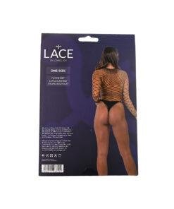 n12934 lace by lj fence net long sleeved thong bodysuit black pkg bk