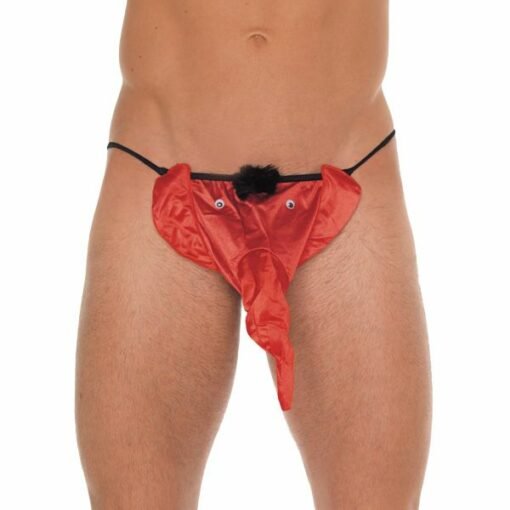 Mens Black G-String With Red Elephant Animal Pouch